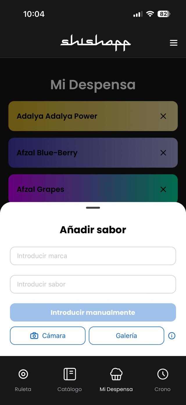 Pantalla de inventario de ShishApp